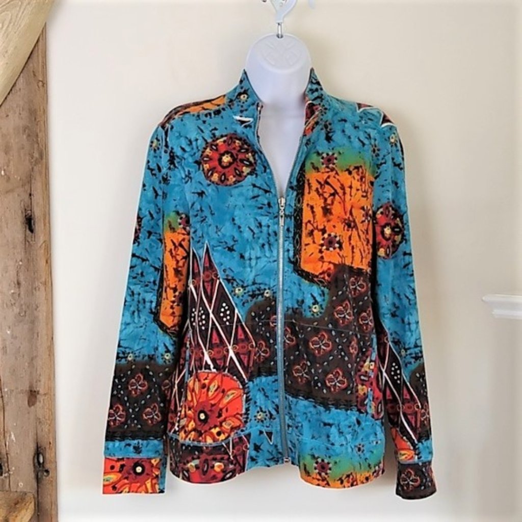 Chico's Cozy Boho Artsy Zip Jacket Mock Neck Geometric 0 / Small